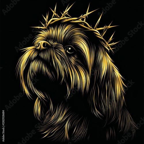 Loyal Guardian Golden Brussels Griffon Dog with Crown of Thorns in Artful Religious Illustration