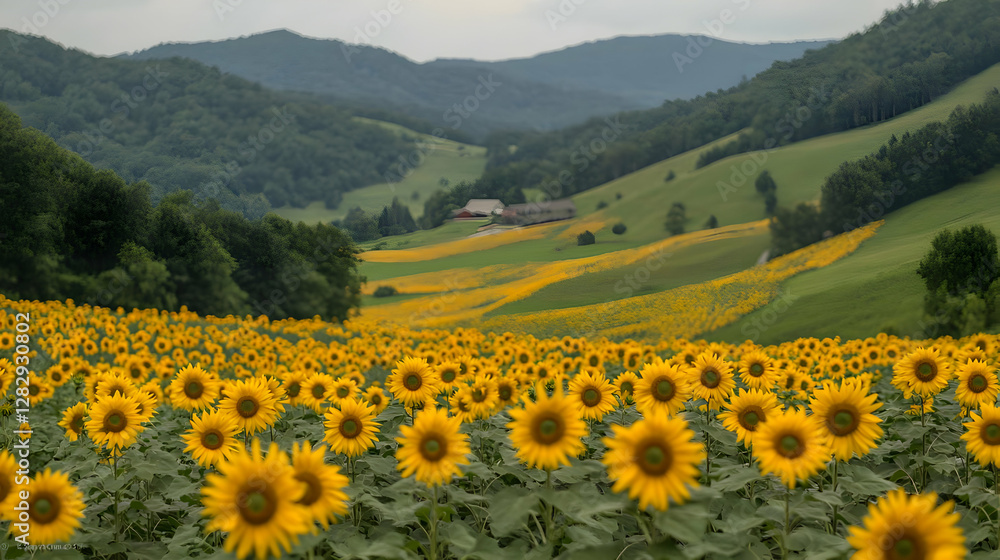 Obraz premium Vibrant yellow sunflowers bloom in a vast field nestled within rolling green hills and distant mountains under an overcast sky.