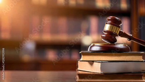 Wooden gavel rests on stack of law books on table. Legal framework update concept. Modern challenges require policy updates, new legal measures. Books signify updated legal provisions.