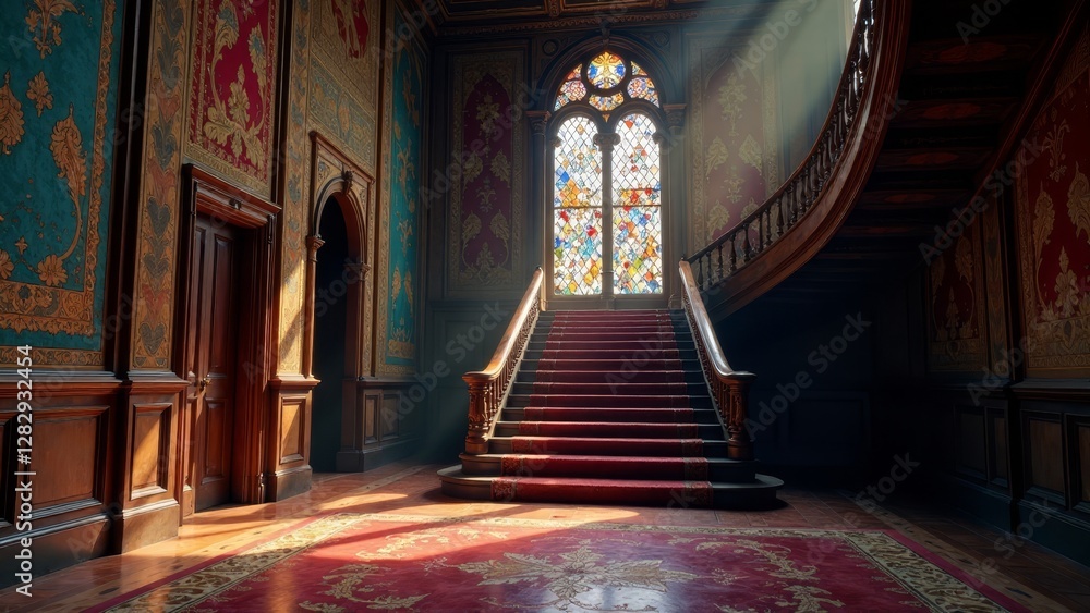Obraz premium Sunlit Grand Staircase in a Historic Mansion with Ornate Wall Decor and Stained Glass Window