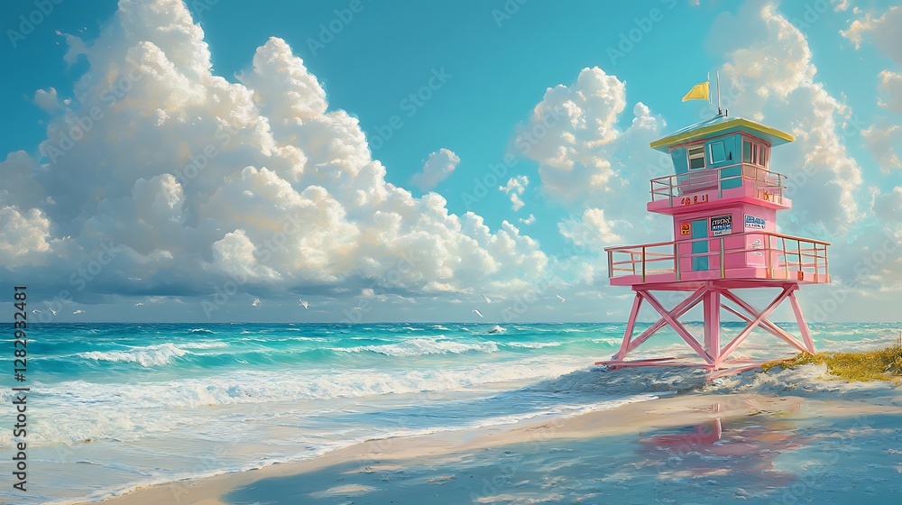 Fototapeta premium A sunny day at Miami Beach, hyper-realistic detail, turquoise ocean waves crashing lightly against the shore, a neon pink and green lifeguard tower adding a vibrant pop of color,