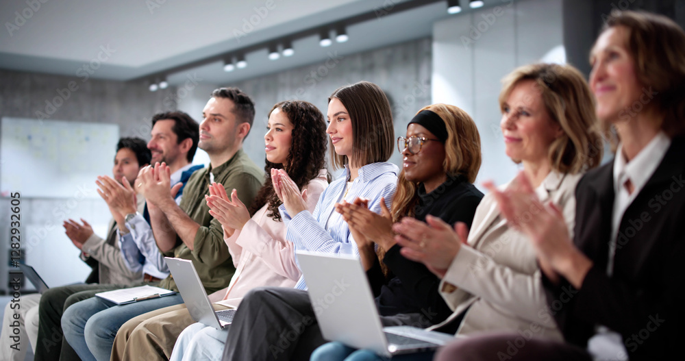 Obraz premium Thrilled crowd at business event watching diverse speakers presenting
