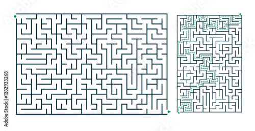 Rectangular Medium Difficulty Maze Game Template with Solution Path Vector Illustration
