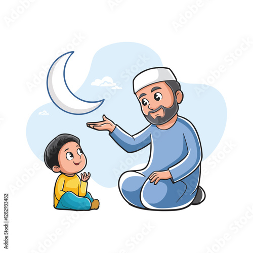 stick cartoon father ouline is showing the eid moon in the distance to his son with his hand ,vector illustration