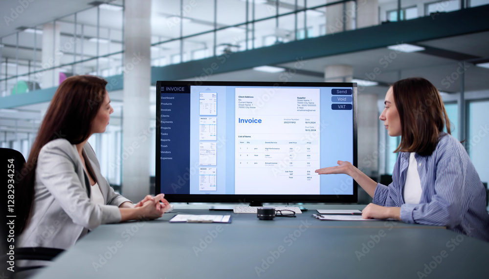 Woman using computer to view tax invoice for electronic business accounting Woman using computer to view tax invoice for electronic business accounting