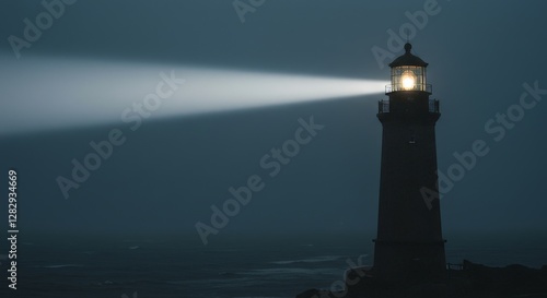 A towering lighthouse illuminates the dark ocean at night with its guiding beacon.