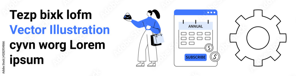 Fototapeta premium Woman holding purse beside subscription calendar page with dollar icons and gear settings element. Ideal for financial tools, planning, budgeting, e-commerce, productivity, automation, flat landing