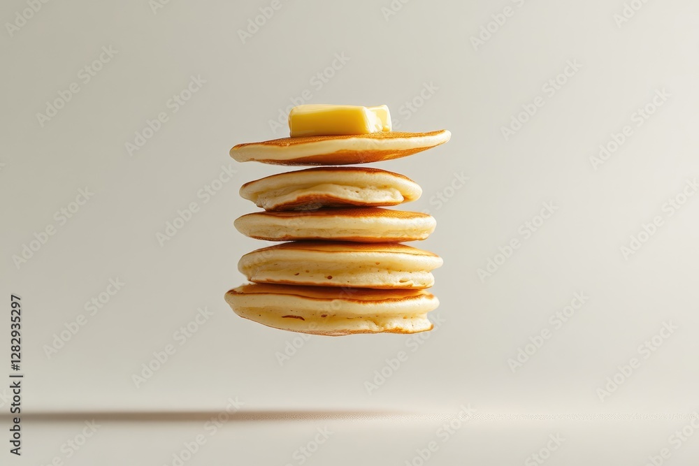 A Stack of Buttery Pancakes Floating in Air A Stack of Buttery Pancakes Floating in Air