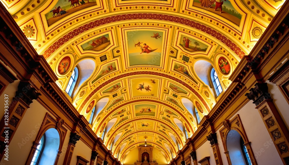 Obraz premium Illuminating yellow Renaissance frescoes on vaulted ceiling, artistry