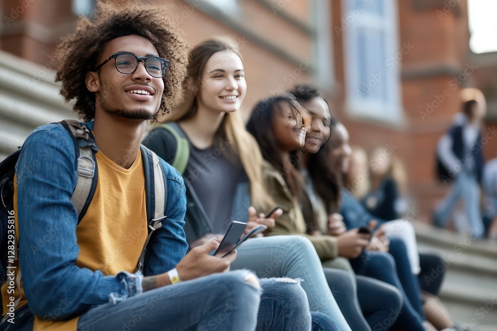Young adults of different backgrounds sitting on the steps of a university building, discussing academic projects and socializing in a lively atmosphere Young adults of different backgrounds sitting on the steps of a university building, discussing academic projects and socializing in a lively atmosphere
