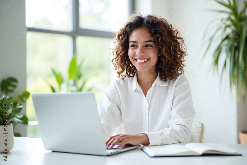 Young woman white blouse curly hair laptop desk potted plant window Young woman white blouse curly hair laptop desk potted plant window