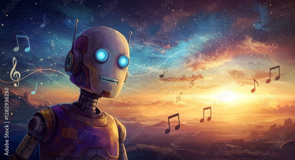 Cosmic melody with space robot astronaut bathed in nebula glow art Cosmic melody with space robot astronaut bathed in nebula glow art