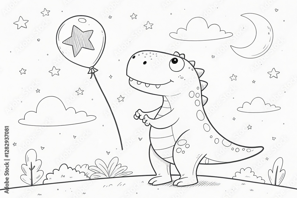 Obraz premium Outline for coloring, Cute dinosaur holding a star balloon under a starry night sky.