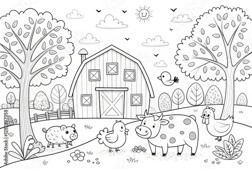 Fototapeta Naklejka Na Ścianę i Meble -  Outline for coloring, A playful farm scene with animals and a barn in a whimsical, coloring book style.