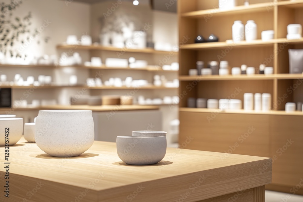 Modern ceramic display in a minimalist shop interior Modern ceramic display in a minimalist shop interior