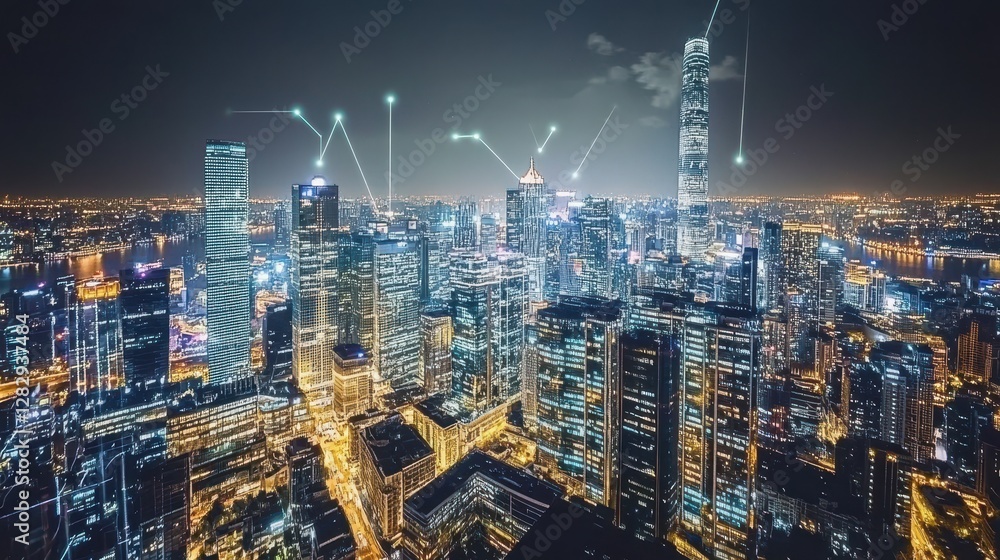 Obraz premium Night cityscape showcasing illuminated skyscrapers and digital connections