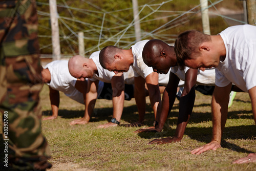 Military men, training or fitness with push ups for physical activity, exercise or workout on grass field. Male people, trainer or superior officer with team, army or soldiers in drill for bootcamp