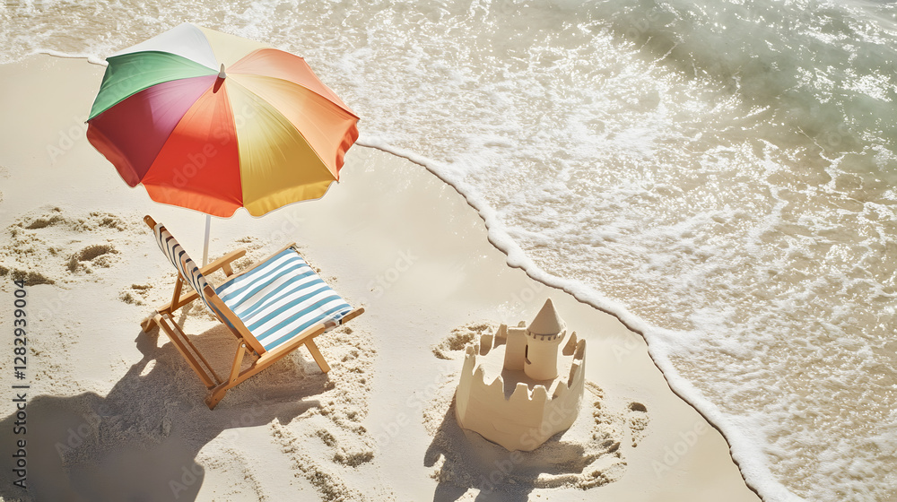 Naklejka premium A colorful umbrella is on a beach next to a blue chair