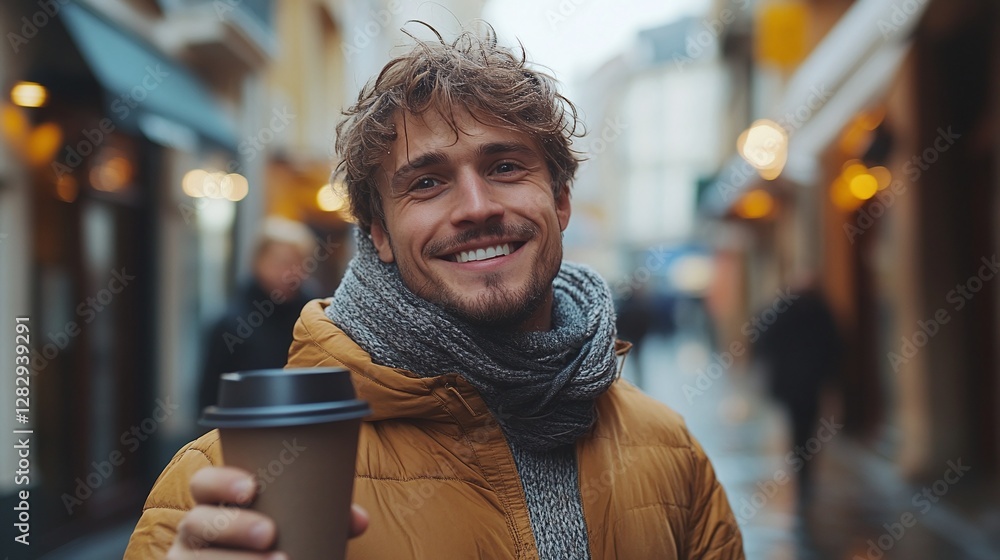 caucasian traveler drinking hot coffee to go while exploring a lively city street in the morning and enjoying a peaceful moment outside caucasian traveler drinking hot coffee to go while exploring a lively city street in the morning and enjoying a peaceful moment outside