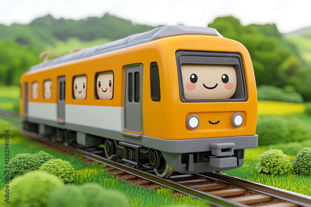 Cheerful cartoon train with cute faces travels, expressing joy on railway track Cheerful cartoon train with cute faces travels, expressing joy on railway track