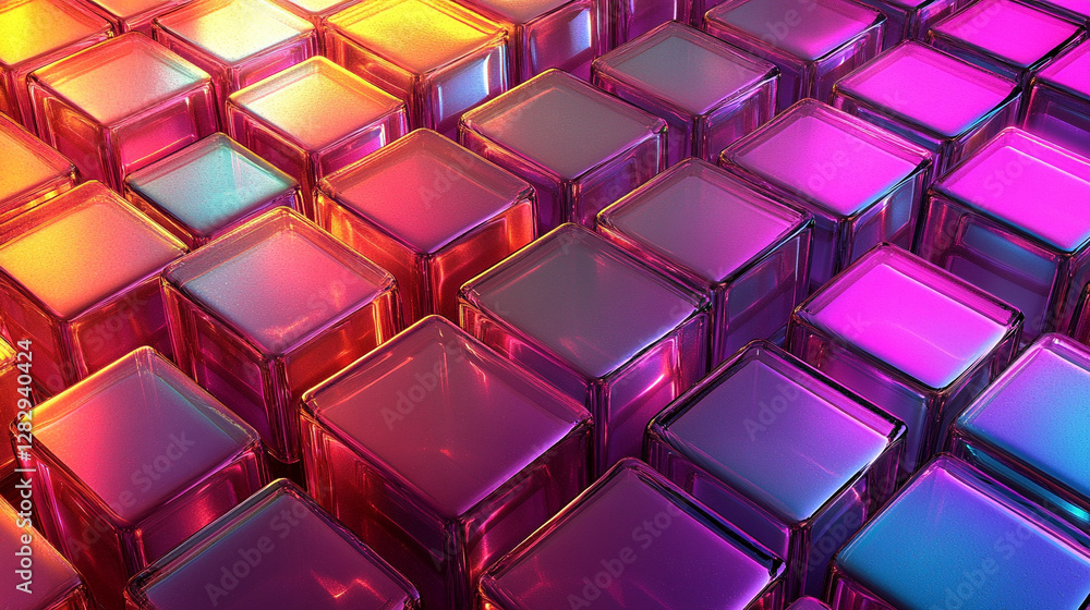 Seamless holographic pink and blue plastic jelly plexiglass isometric cubes form an iridescent abstract neon web, evoking a surreal vaporwave aesthetic with 3D geometric shapes and futuristic symbolis Seamless holographic pink and blue plastic jelly plexiglass isometric cubes form an iridescent abstract neon web, evoking a surreal vaporwave aesthetic with 3D geometric shapes and futuristic symbolis