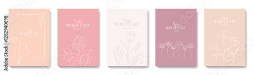 Set of elegant Women's Day posters with floral line art. Minimalist one-line design for 8 March and Mother’s Day greeting cards. Stylish templates with delicate flowers and modern feminine aesthetics.