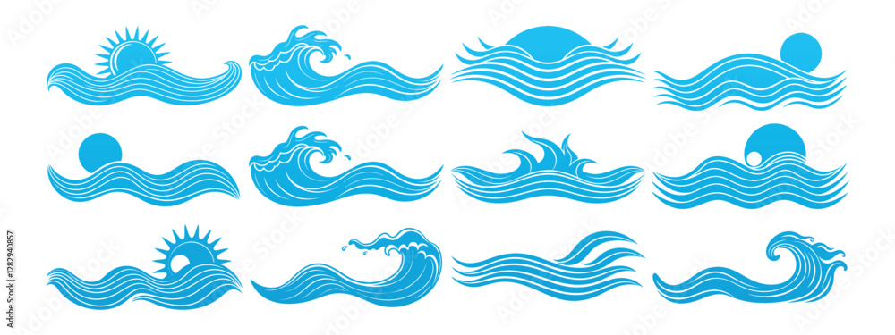 Set of decorative blue wave illustrations with sun and moon elements in abstract ocean style Set of decorative blue wave illustrations with sun and moon elements in abstract ocean style