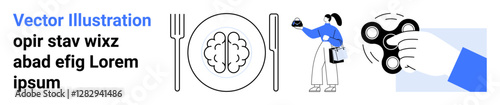 Brain on a plate between fork and knife, person analyzing data, hand with a fidget spinner. Ideal for mental health, cognitive growth, stress management, wellness, productivity self-care. Flat