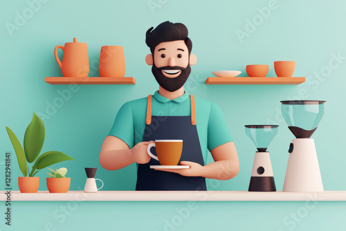 Cheerful barista serving coffee at isometric cafe setup