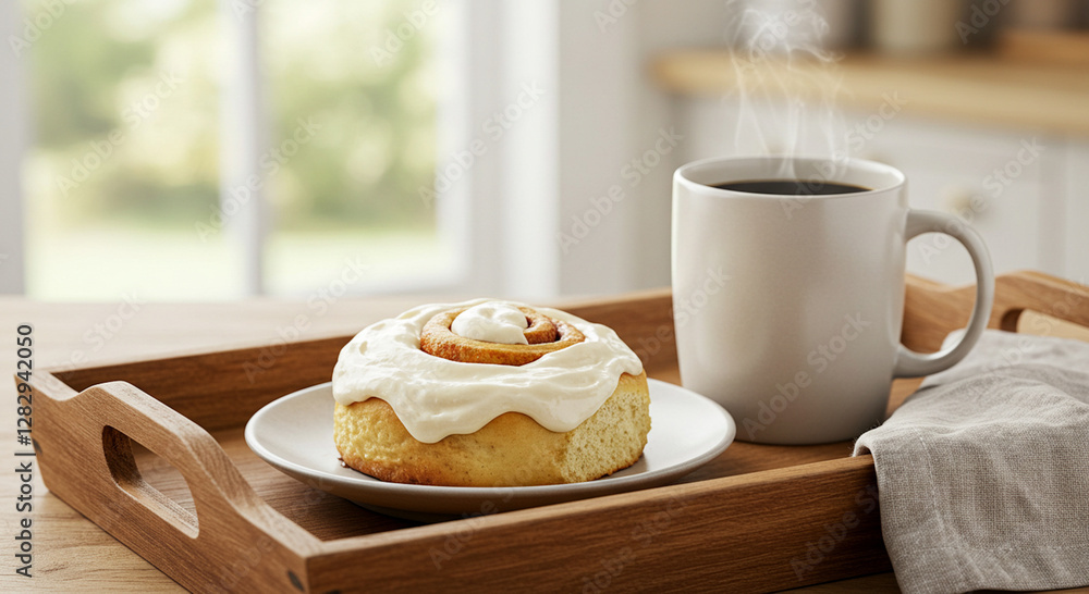 A keto-friendly cinnamon roll with cream cheese frosting, served on a cozy breakfast tray with a cup of coffee and a linen napkin A keto-friendly cinnamon roll with cream cheese frosting, served on a cozy breakfast tray with a cup of coffee and a linen napkin