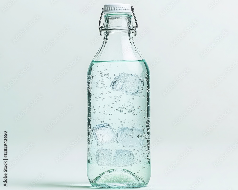 Clear Glass Bottle of Sparkling Water on Light Green Background Clear Glass Bottle of Sparkling Water on Light Green Background