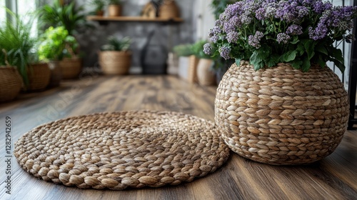 Serene Home Decor: Woven Rug and Planter