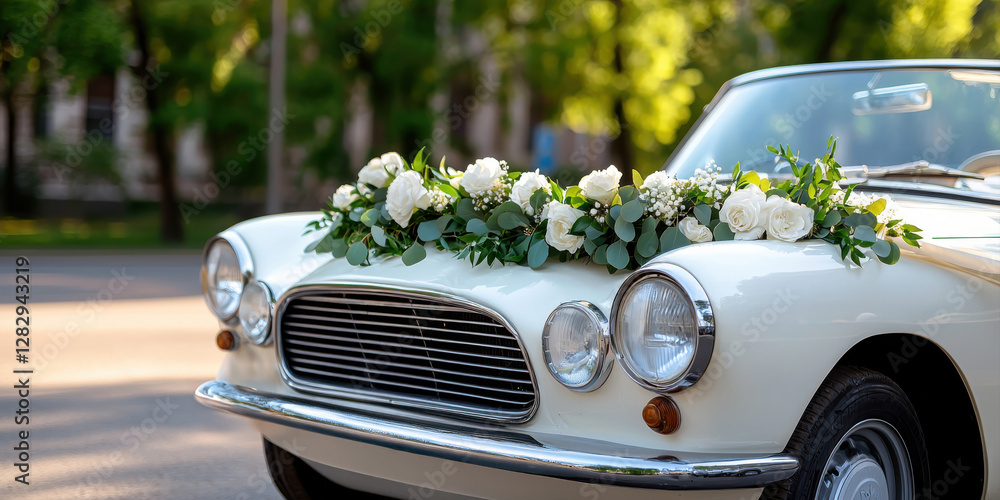 Fototapeta premium A vintage car adorned with white flowers, set against a lush green backdrop, perfect for a wedding or special event.