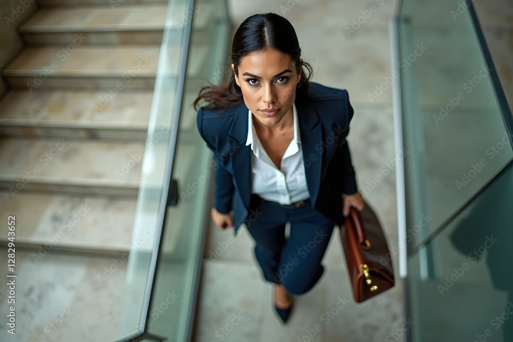 Fototapeta premium Business woman climbing stairs with briefcase in hand.