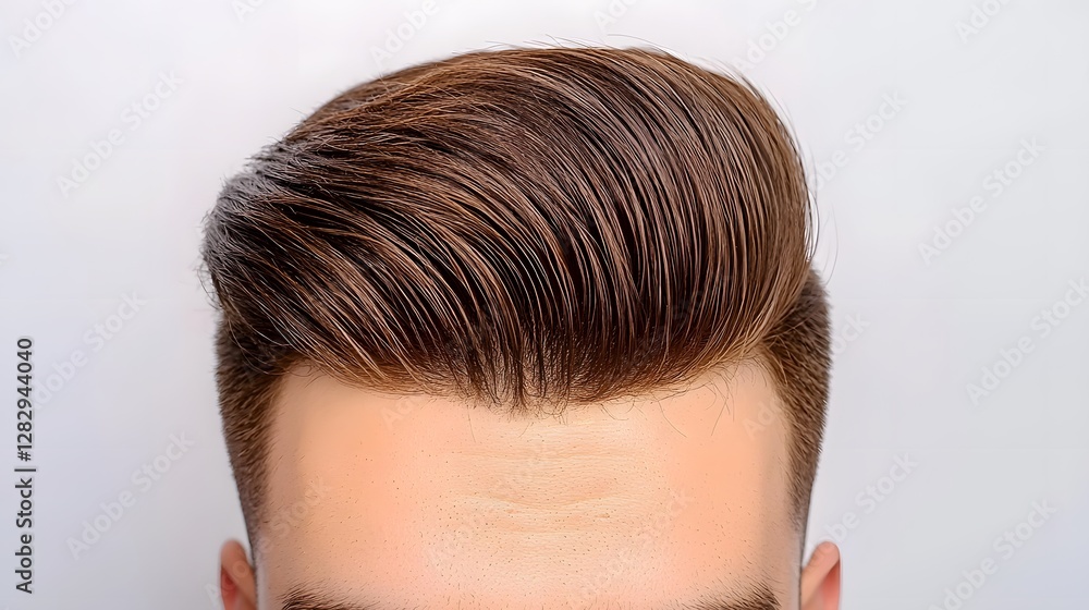 top-down view of a slicked back hairstyle on a man’s head, showcasing the neatness and shine of the vintage-inspired style, isolated on a white background.top-down view, slicked back hairstyle, top-down view of a slicked back hairstyle on a man’s head, showcasing the neatness and shine of the vintage-inspired style, isolated on a white background.top-down view, slicked back hairstyle,