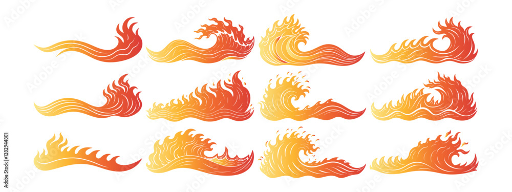 Set of decorative fire wave illustrations in gradient orange and red tones isolated on white background Set of decorative fire wave illustrations in gradient orange and red tones isolated on white background