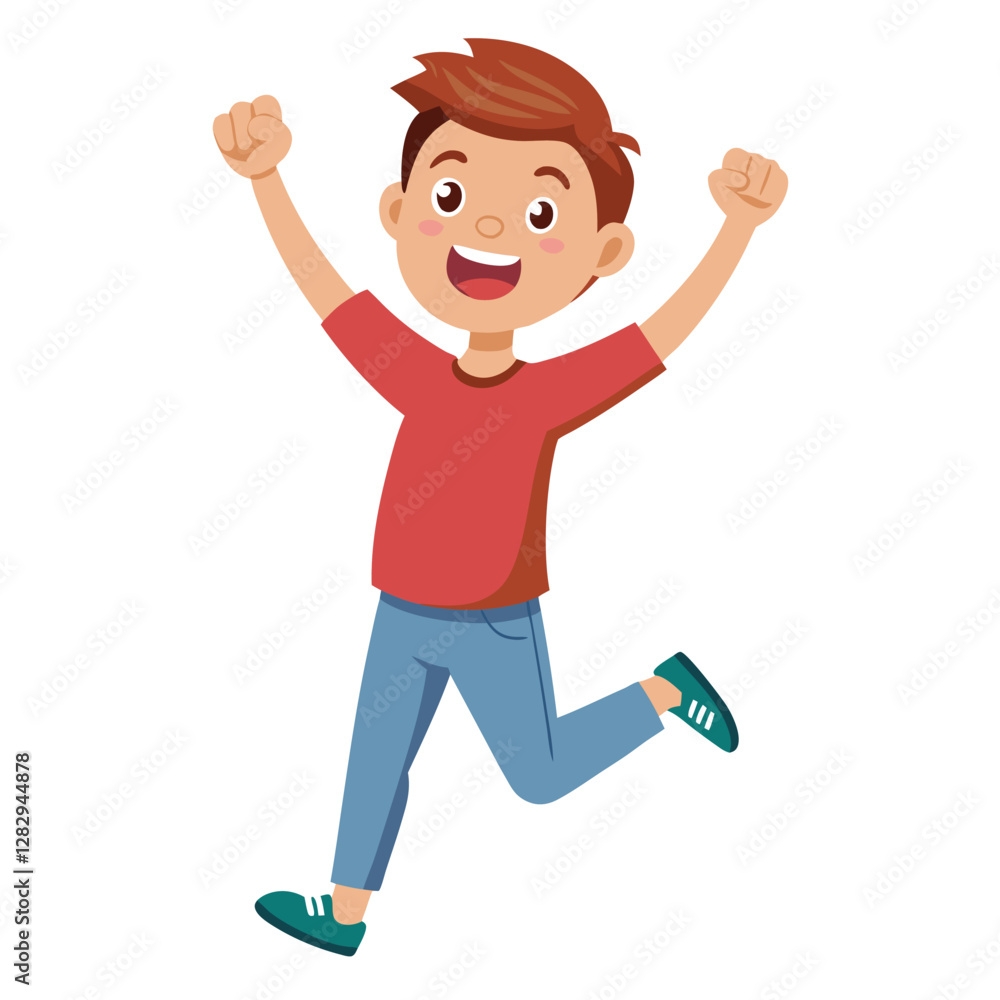 Happy boy jumping up in air. Excited joyful teenager celebrating, flying in air in dynamic energetic emotional pose with fists, arms gesture. Flat vector illustration isolated on white background Happy boy jumping up in air. Excited joyful teenager celebrating, flying in air in dynamic energetic emotional pose with fists, arms gesture. Flat vector illustration isolated on white background