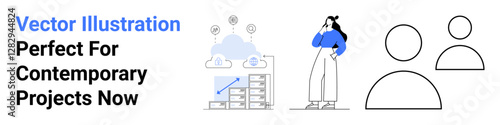 Woman surveying analytics near cloud servers, chart, and team icons. Ideal for cloud computing, data analysis, teamwork, networking, IT solutions, marketing modern digital strategy flat landing