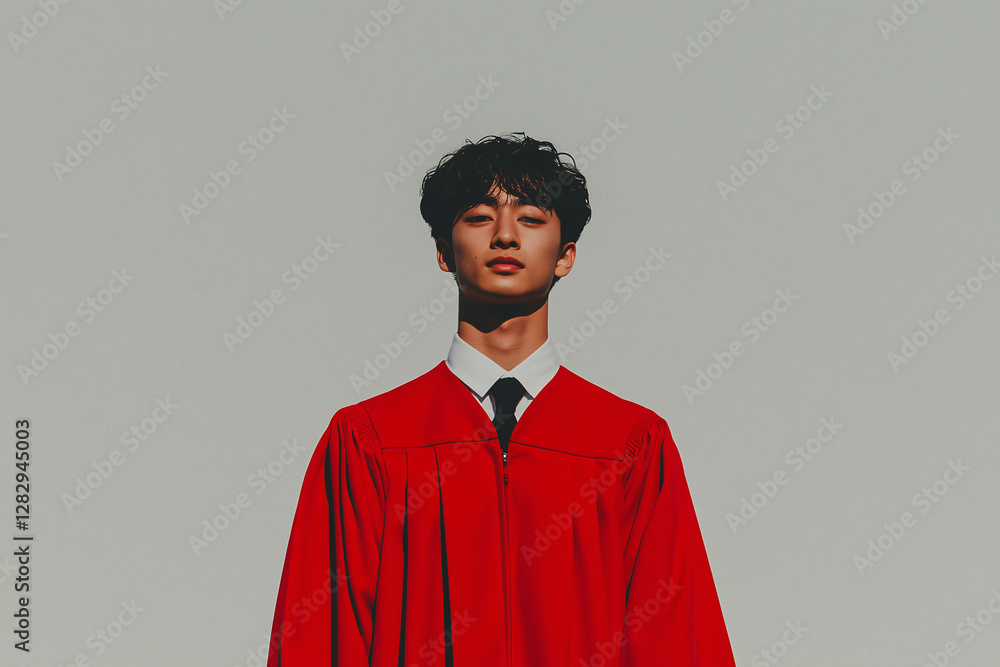 Obraz premium Portrait of a Young Man in Graduation Garb: A striking portrait of a young man, dressed in a vibrant red graduation gown.