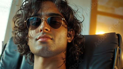 A young Indian man with curly hair and sunglasses, generative AI