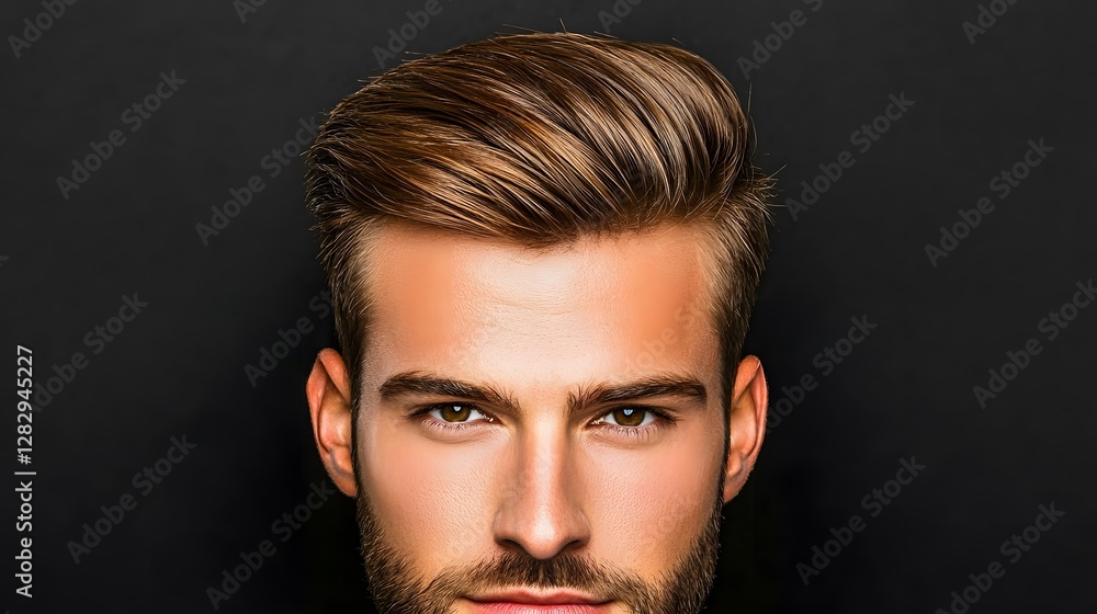 front-facing view of a man with a slicked-back hairstyle, emphasizing the high gloss and vintage style. The image is isolated on a solid black background, highlighting the clean lines and smoothness front-facing view of a man with a slicked-back hairstyle, emphasizing the high gloss and vintage style. The image is isolated on a solid black background, highlighting the clean lines and smoothness