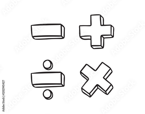 math symbols, divide and multiply, minus and plus doodle hand drawn icon. Outline drawing mathematical operations line clipart symbol