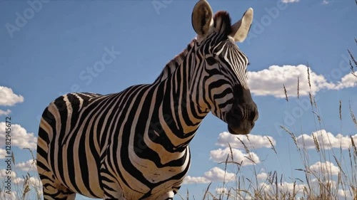 Zebra Amidst a Canvas of Sky: A zebra stands proudly in a sun-drenched savanna landscape, its striking black and white stripes contrasting against a vibrant blue sky dotted with fluffy clouds.
