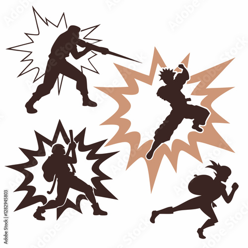 Martial Arts Combat Silhouette Vector with Action Effects