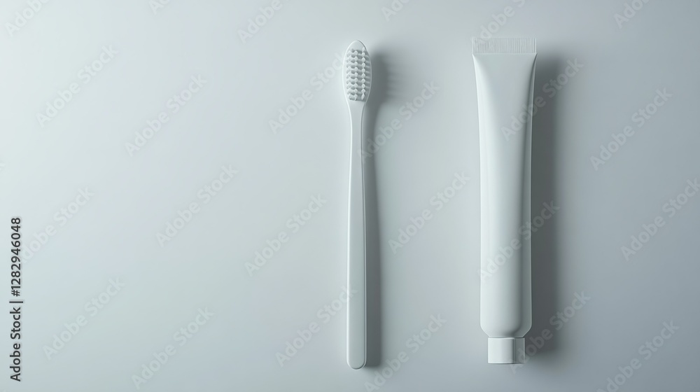 Minimalist composition featuring a toothbrush and tube of toothpaste on a white background. Clean and simple aesthetic. Minimalist composition featuring a toothbrush and tube of toothpaste on a white background. Clean and simple aesthetic.