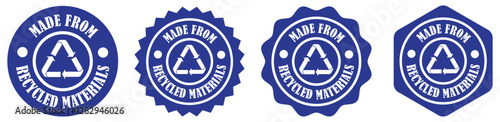 Made from recycled material icons collection on white background. Made from recycled materials label in different style. Made from recycled material labels indicating products. Vector illustration 