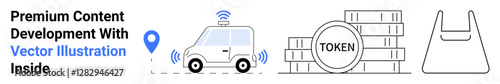 Self-driving car with a location marker, digital tokens stacking beside TOKEN, and a reusable bag outline. Ideal for smart cities, blockchain, eco-conscious living, urban mobility, tech innovation