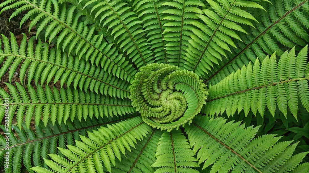 Close-up of a vibrant green fern, showcasing its intricate spiral pattern and natural symmetry. Close-up of a vibrant green fern, showcasing its intricate spiral pattern and natural symmetry.