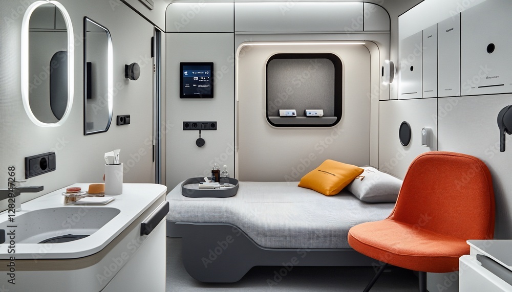 Modern Minimalist Capsule Hotel Room Interior with Grey and Orange Accents Modern Minimalist Capsule Hotel Room Interior with Grey and Orange Accents