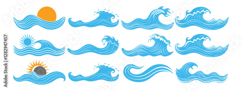 Set of hand-drawn blue ocean waves with sun in vintage engraving style isolated on white background